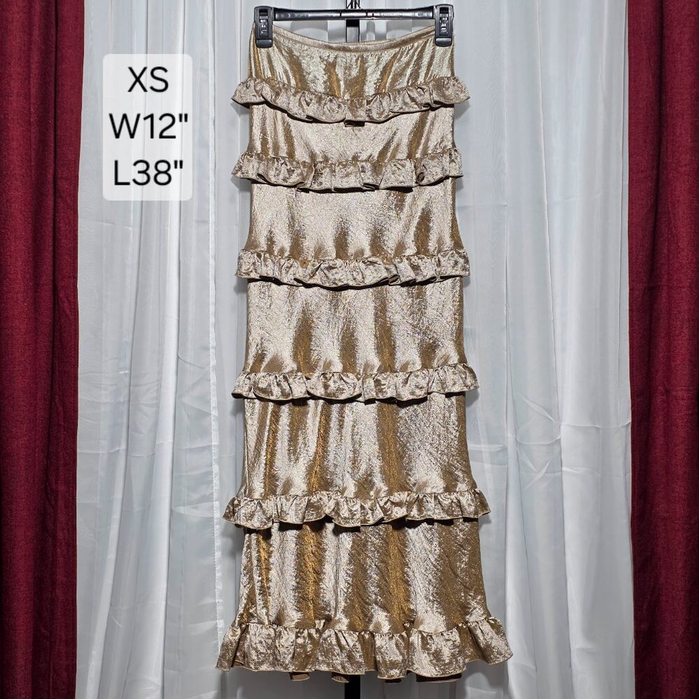 Roja Metallic Gold Tiered Ruffle Maxi Skirt Boho Festival XS